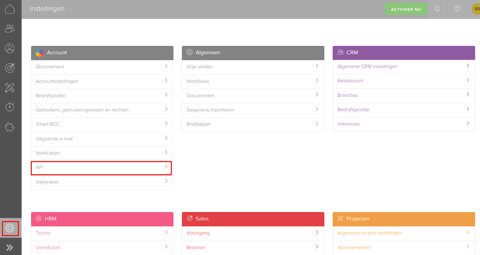 Simplicate Settings page with the API option highlighted under Account