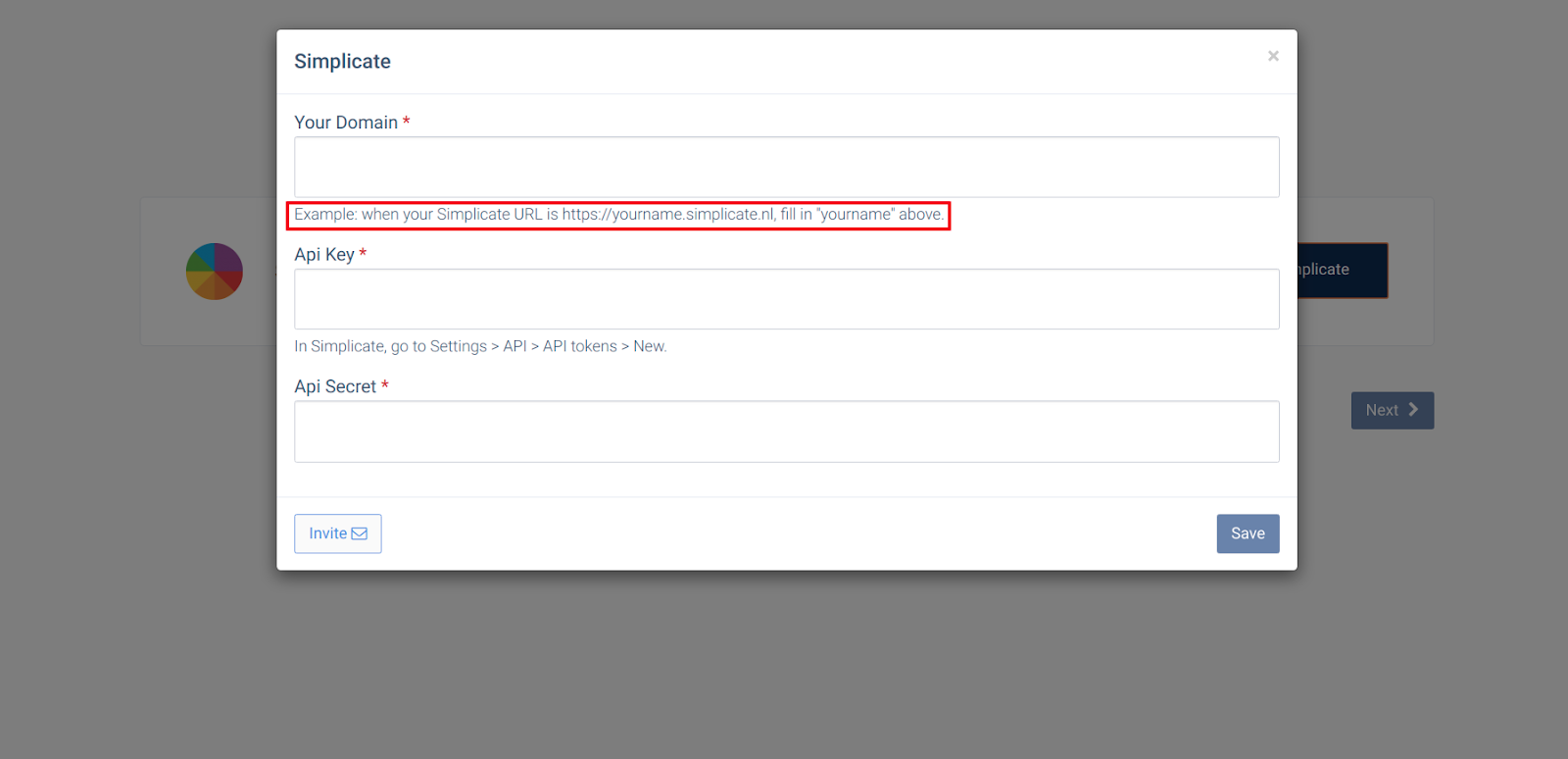 CallHippo Simplicate popup with Your Domain, Api Key and Api Secret fields
