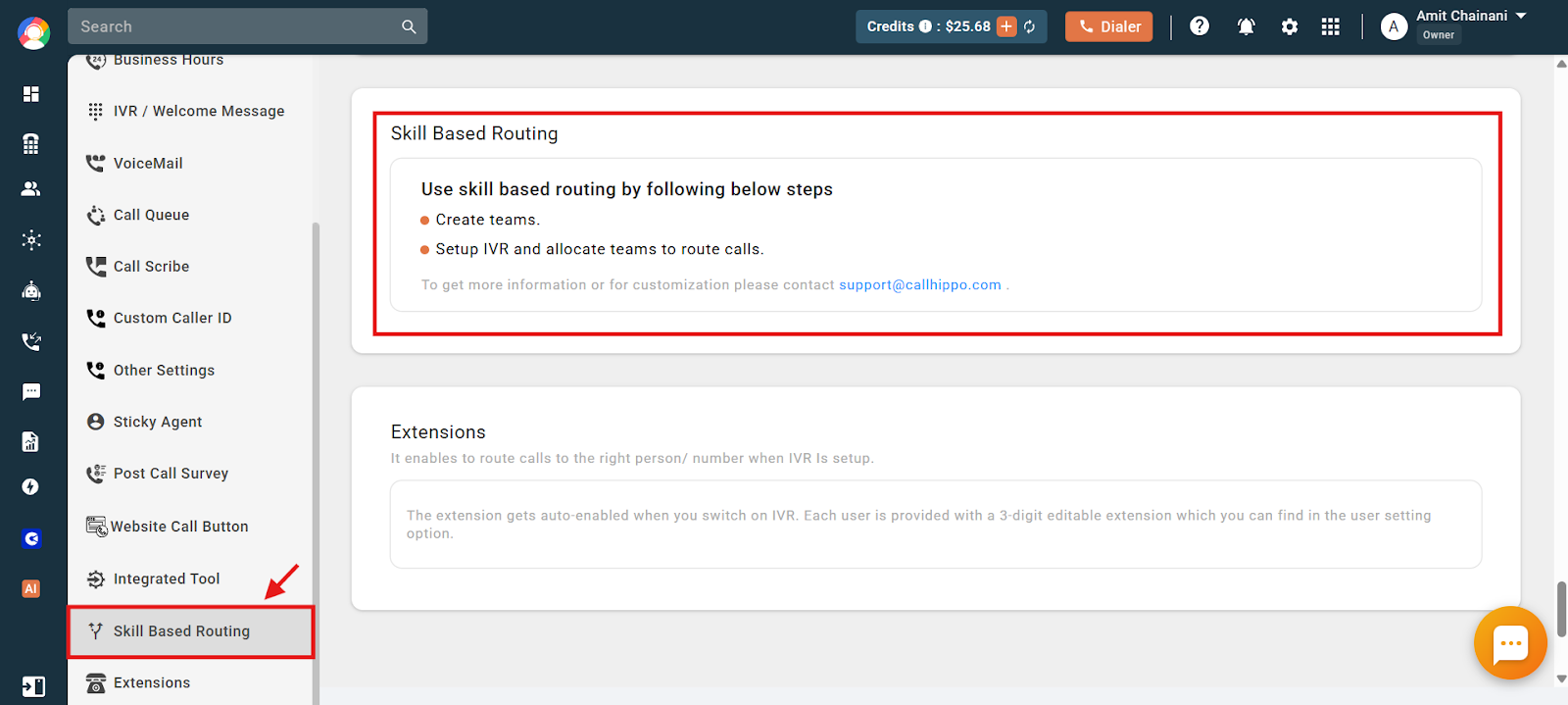 Skill Based Routing option highlighted in the CallHippo number settings panel