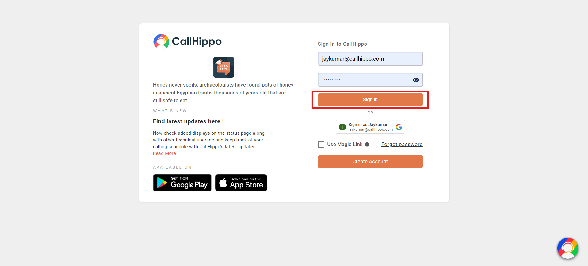CallHippo sign-in page with the Sign in button highlighted