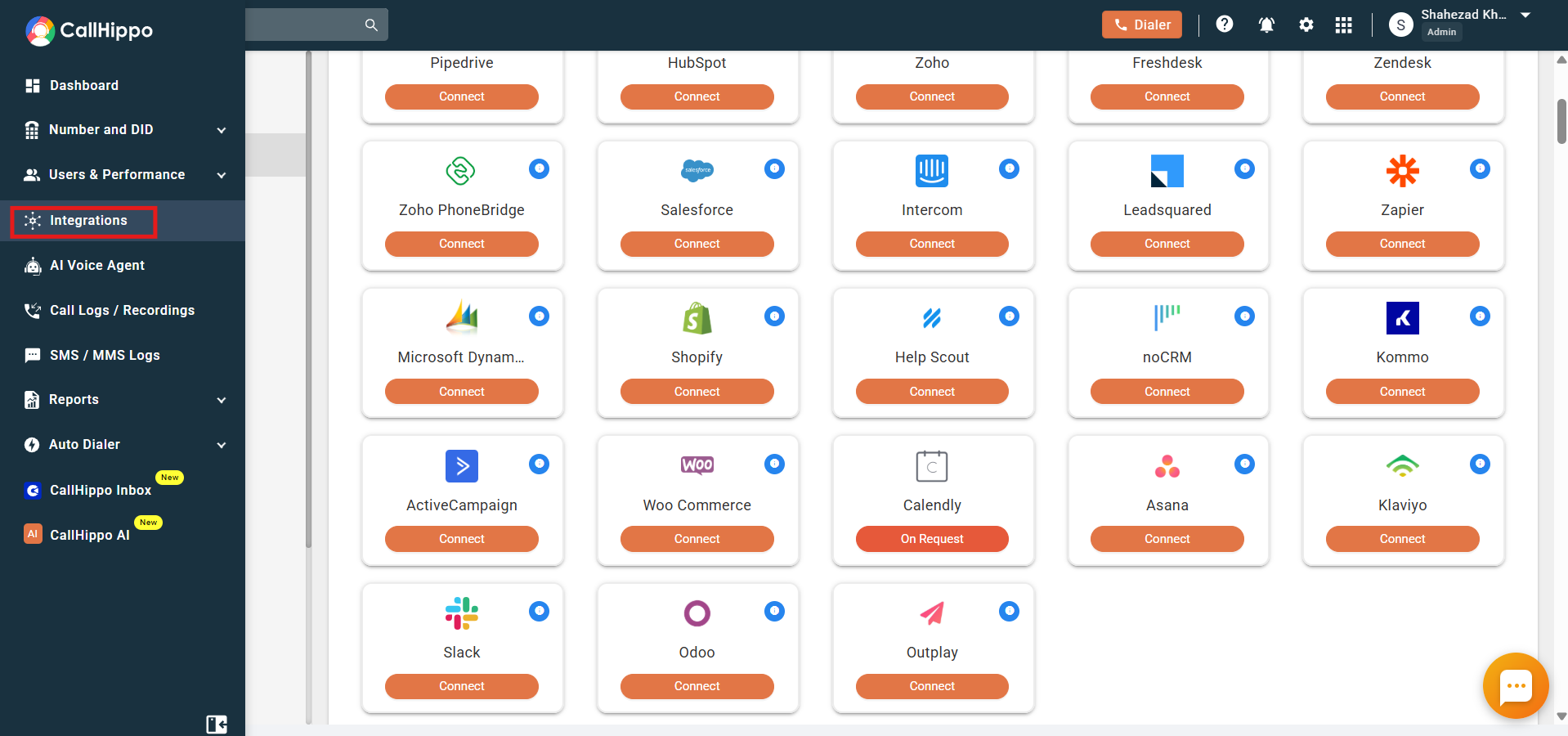 CallHippo dashboard with Integrations highlighted in the left sidebar and the Slack card visible