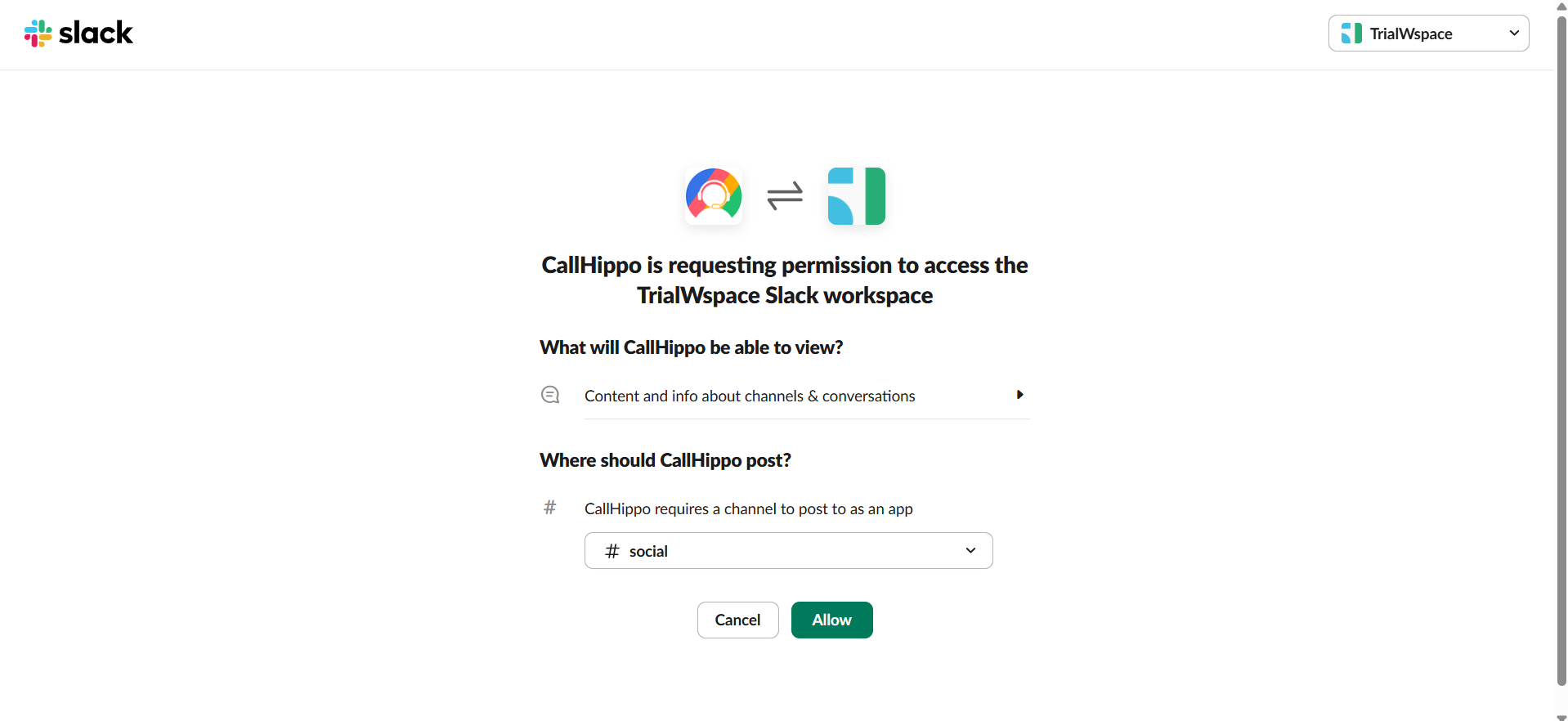 Slack permission page selecting a second channel named social for CallHippo to post to