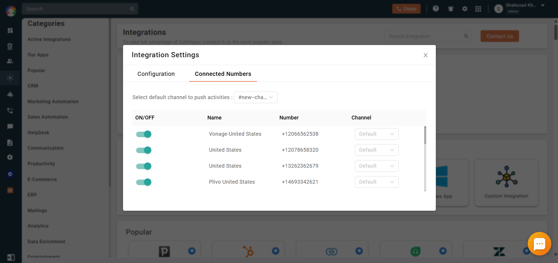 Slack Integration Settings Connected Numbers tab listing CallHippo numbers with channel dropdowns