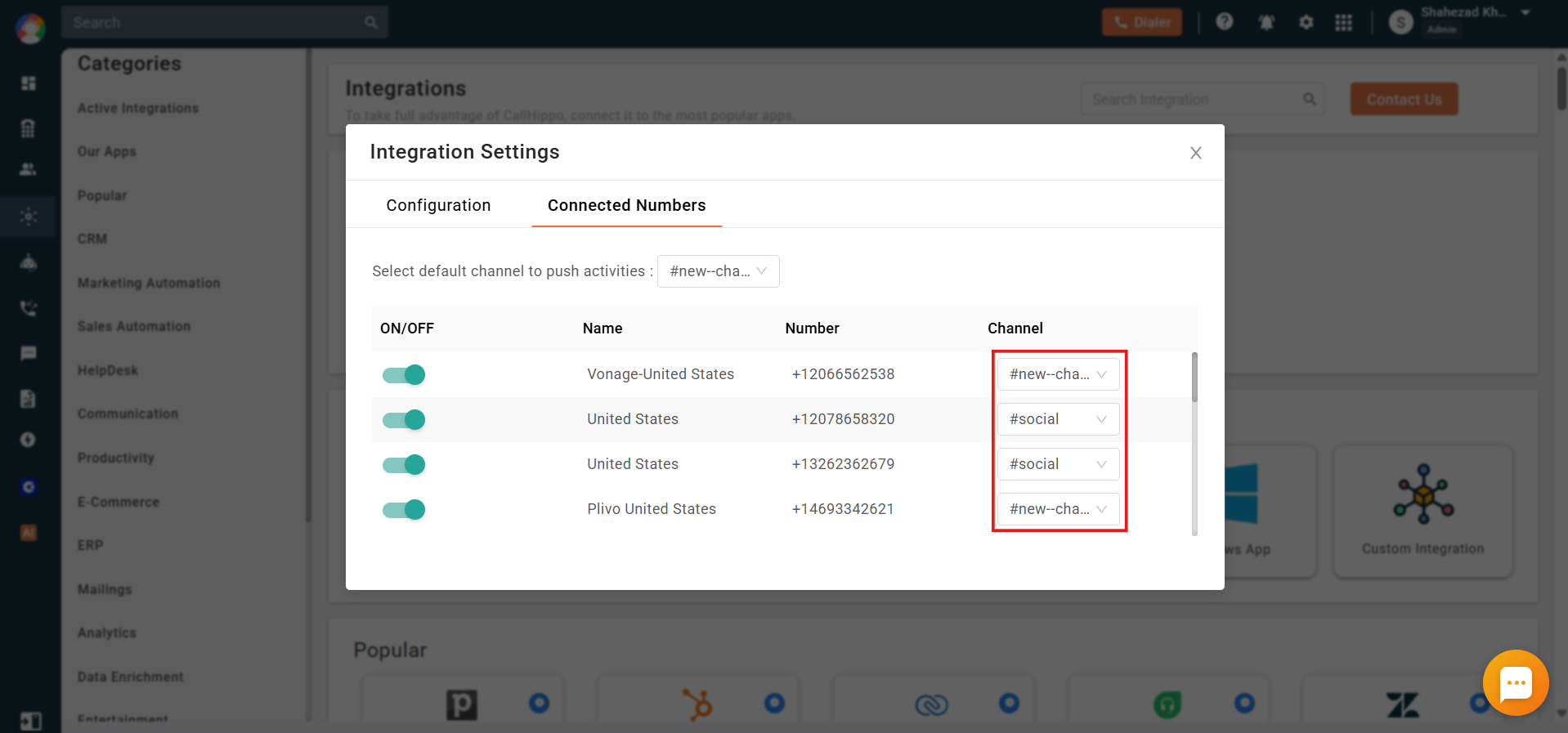 Connected Numbers tab showing each CallHippo number assigned to a specific Slack channel