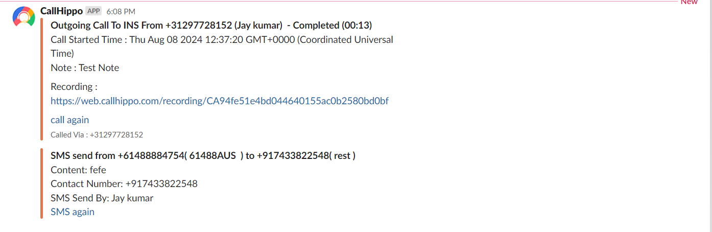 Slack channel showing CallHippo call and SMS activity messages posted by the CallHippo app
