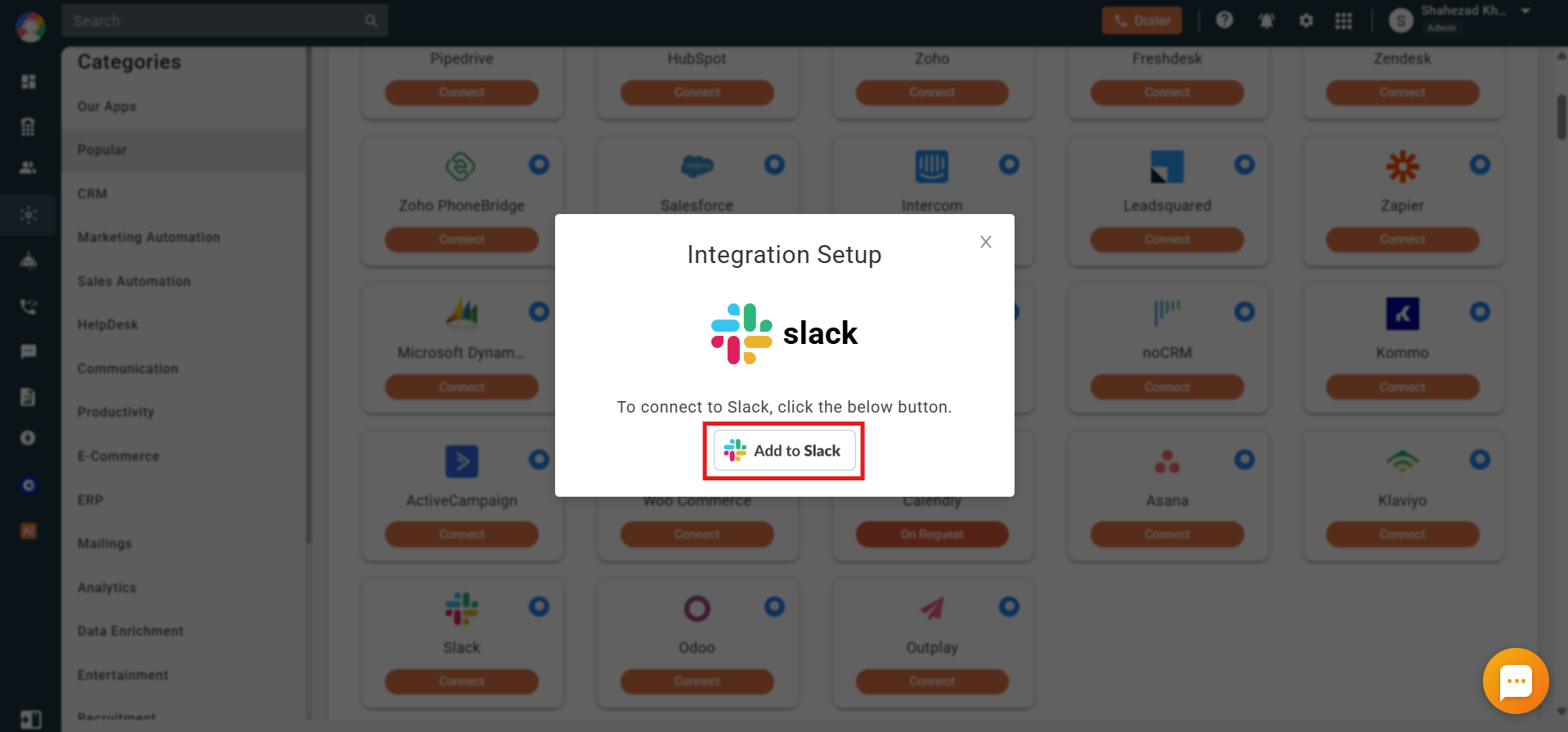 CallHippo Slack integration setup popup with the Add to Slack button highlighted