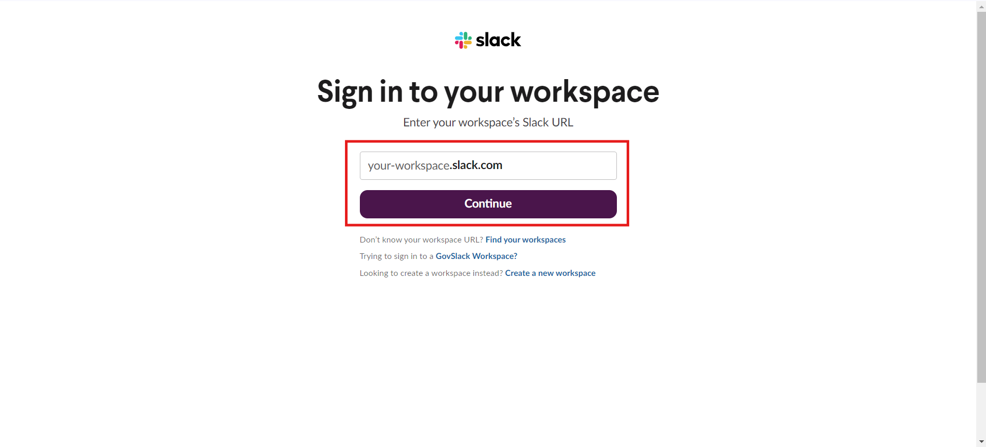 Slack sign-in page asking for your workspace URL
