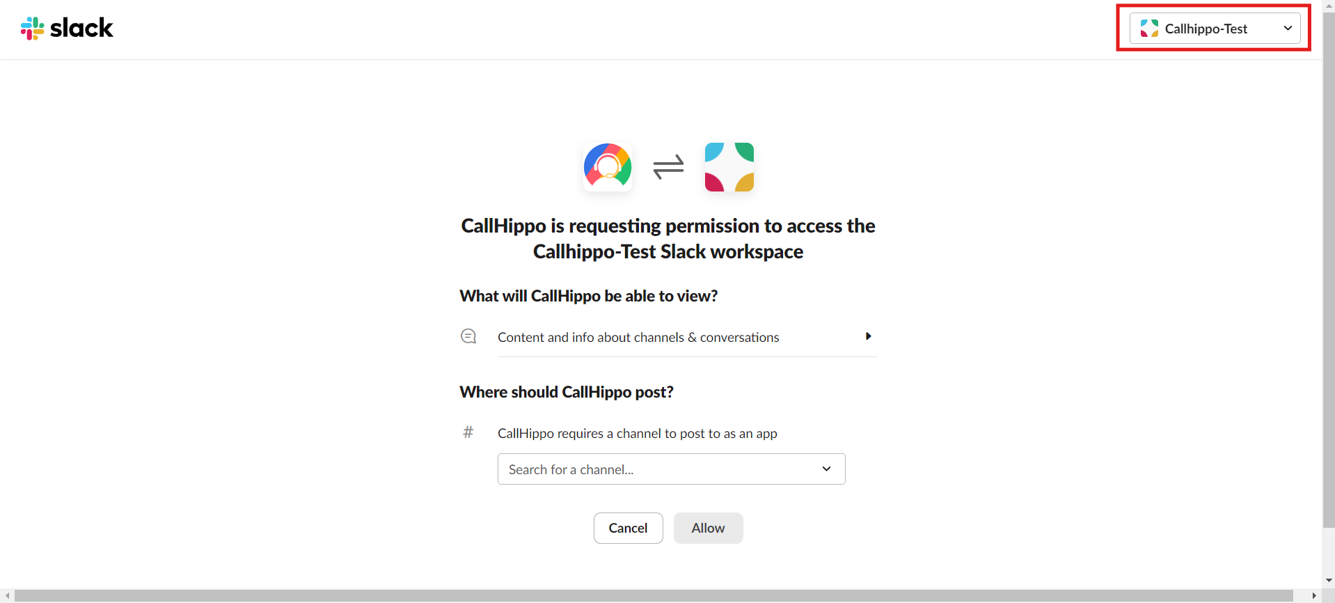 Slack permission page with the workspace selector in the top-right corner highlighted