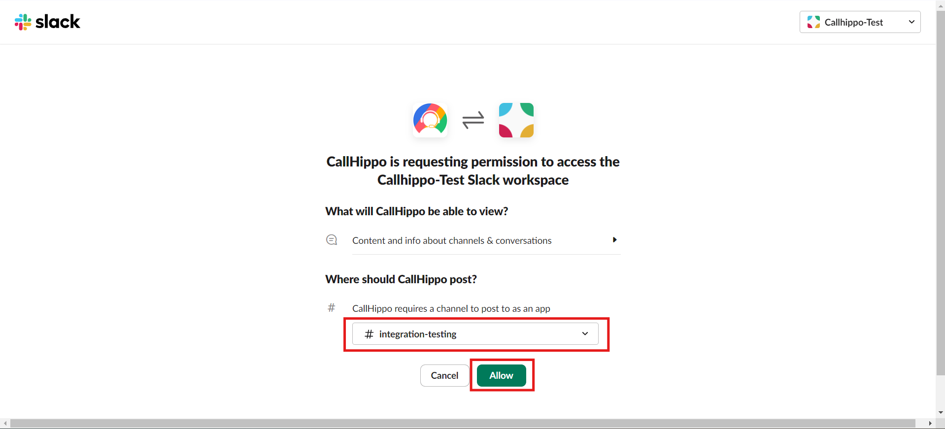 Slack permission page with a channel selected and the Allow button highlighted