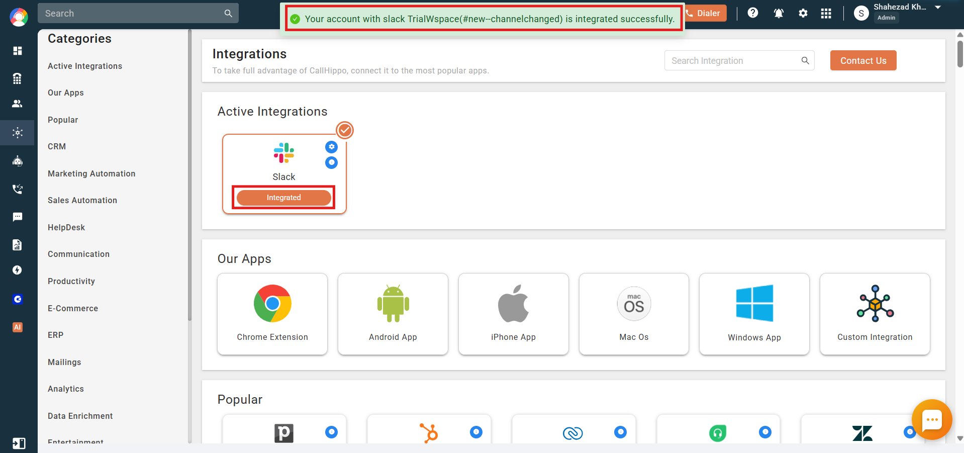 CallHippo showing a success message that the Slack account was integrated successfully