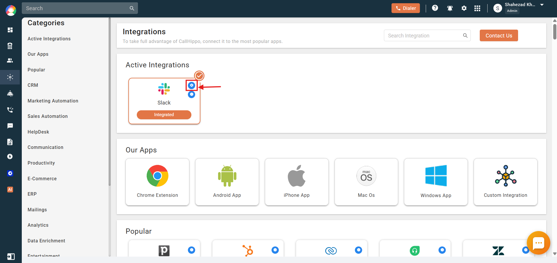 CallHippo Active Integrations showing the Slack card with the settings gear icon highlighted