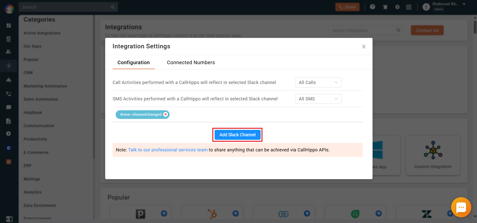 Slack Integration Settings Configuration tab with call and SMS options and the Add Slack Channel button highlighted