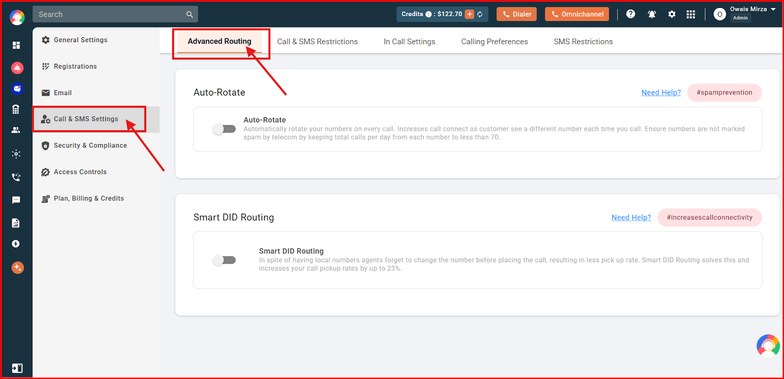 Call and SMS Settings page with Advanced Routing tab selected, showing the Smart DID Routing section