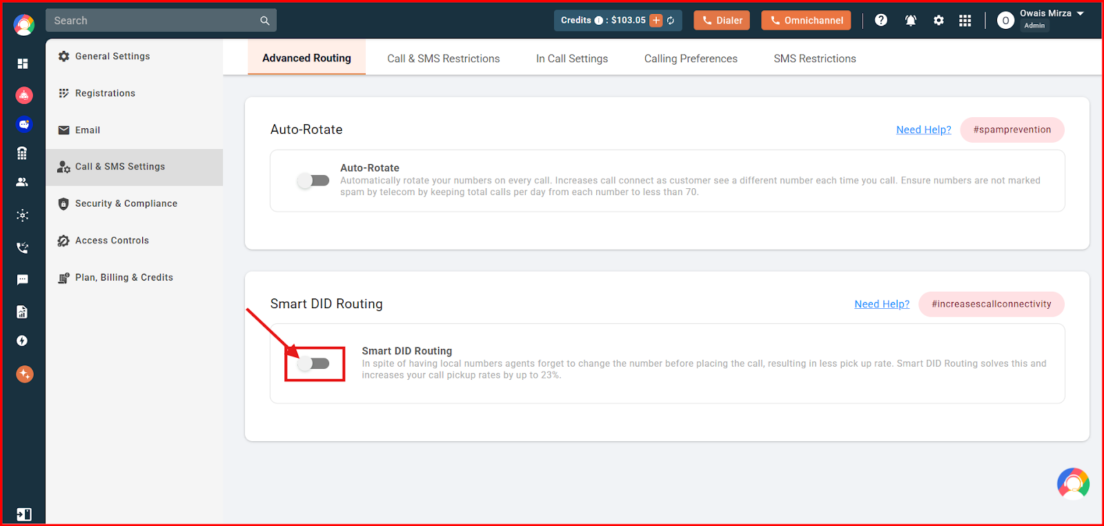 Smart DID Routing toggle switch highlighted on the Advanced Routing settings page