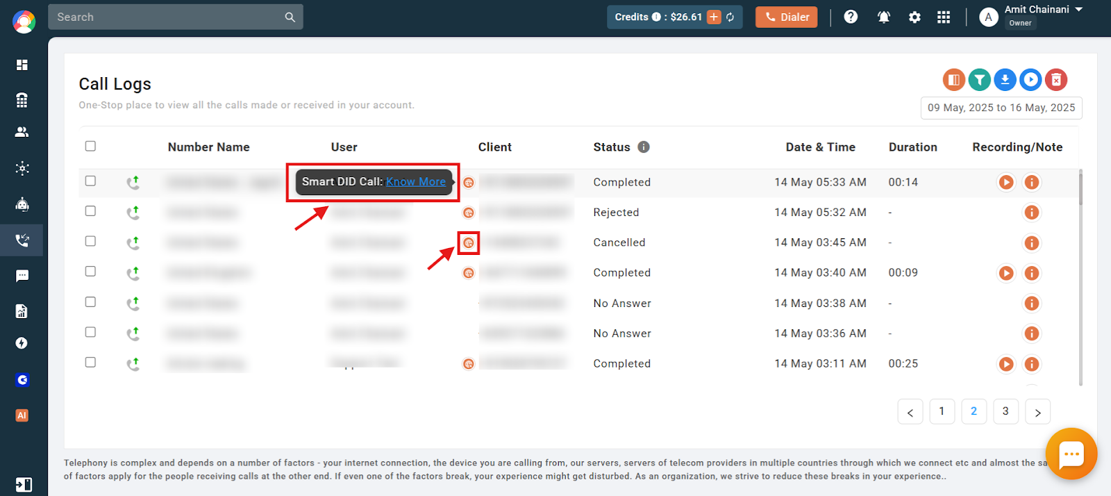 Call Logs table showing the Smart DID Call icon and tooltip against a call entry