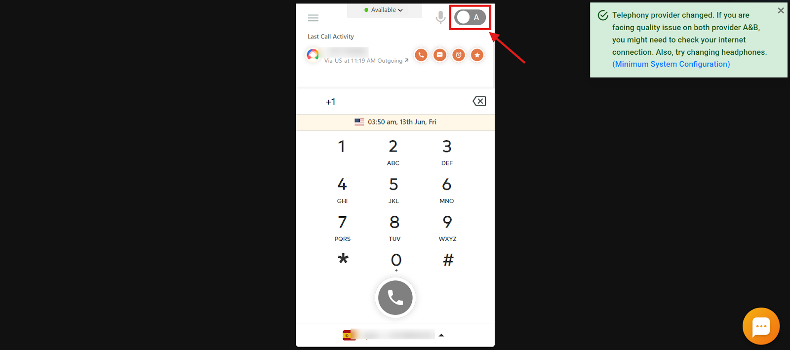 CallHippo dialer showing the Smart Switch A/B provider toggle and the provider-changed confirmation message