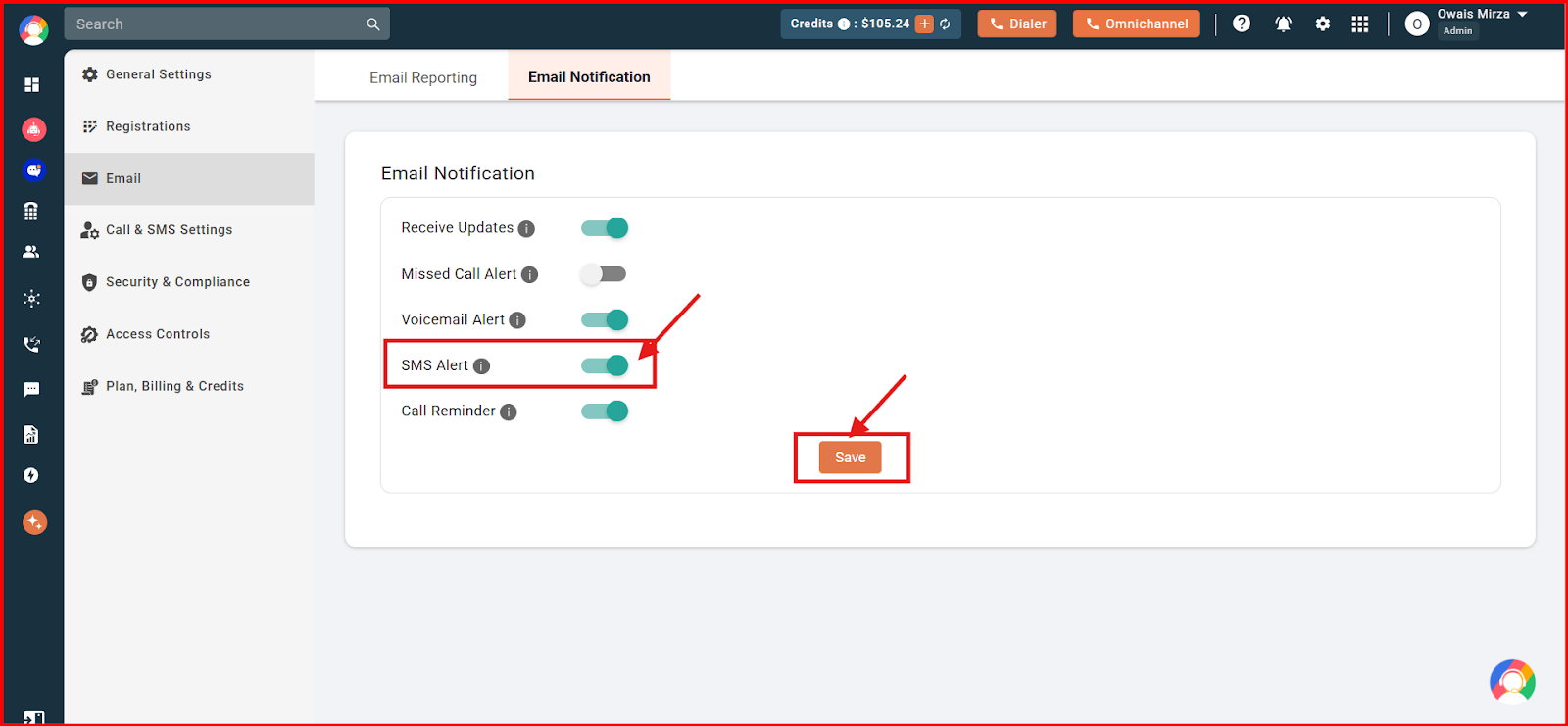 SMS Alert toggle enabled with the Save button highlighted