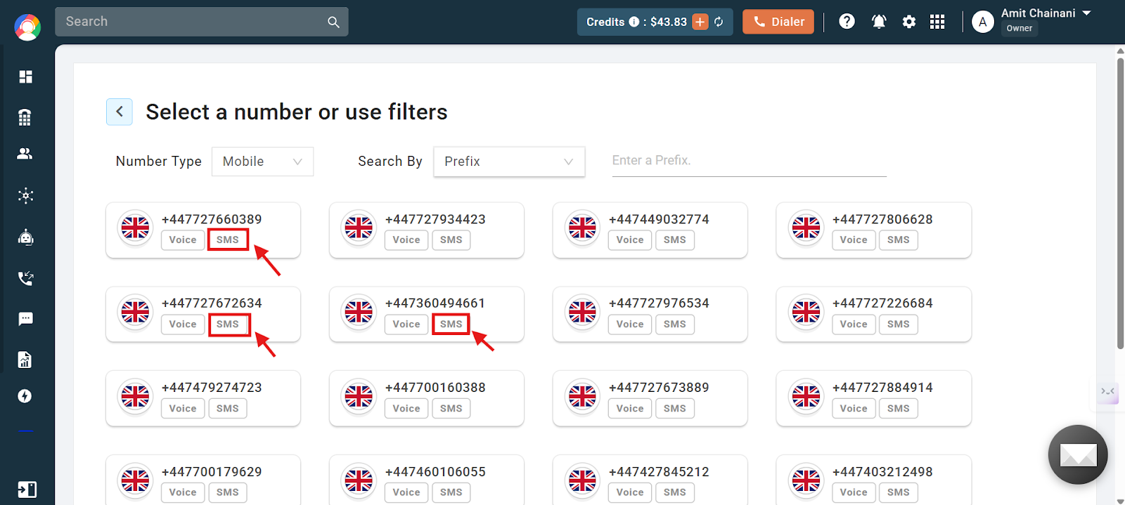 CallHippo number selection screen with the SMS capability badge highlighted on number cards