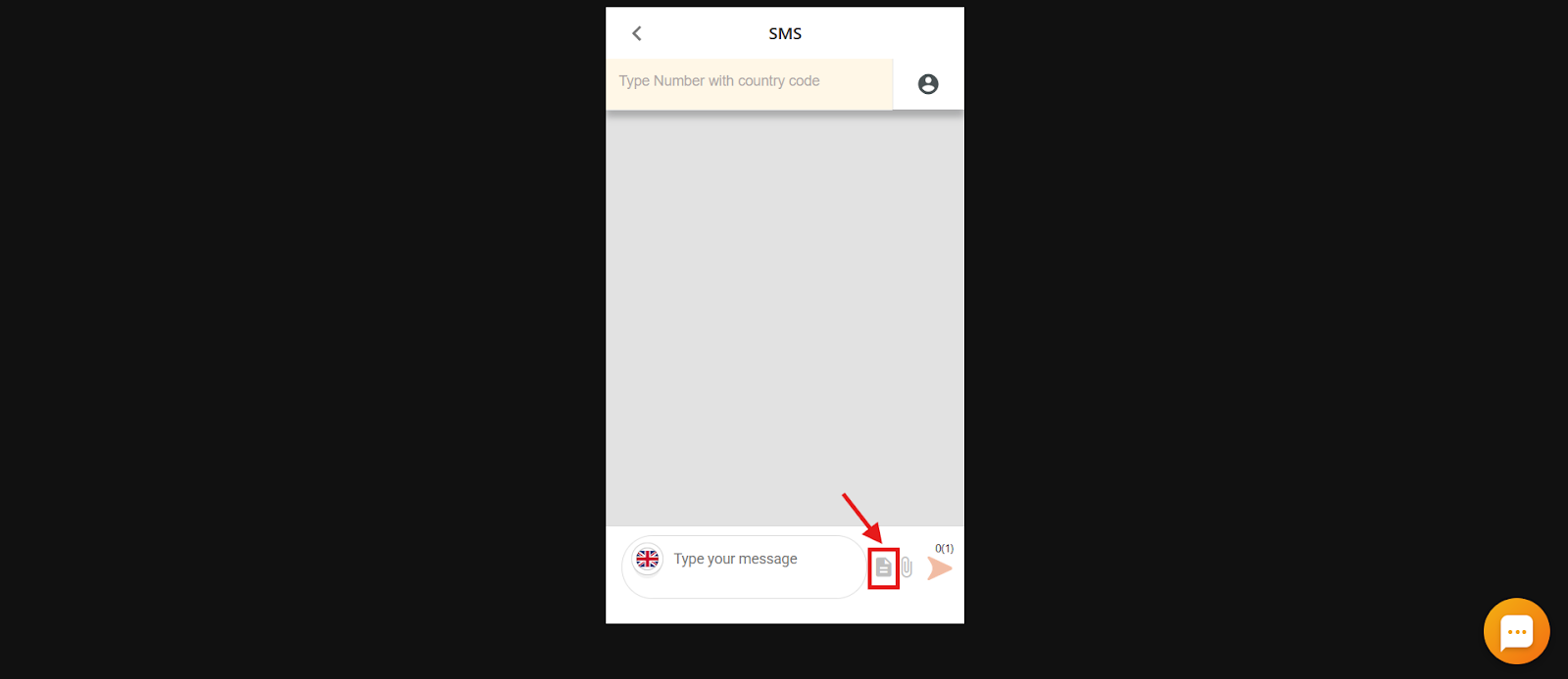 CallHippo SMS composer with the template icon highlighted next to the message field