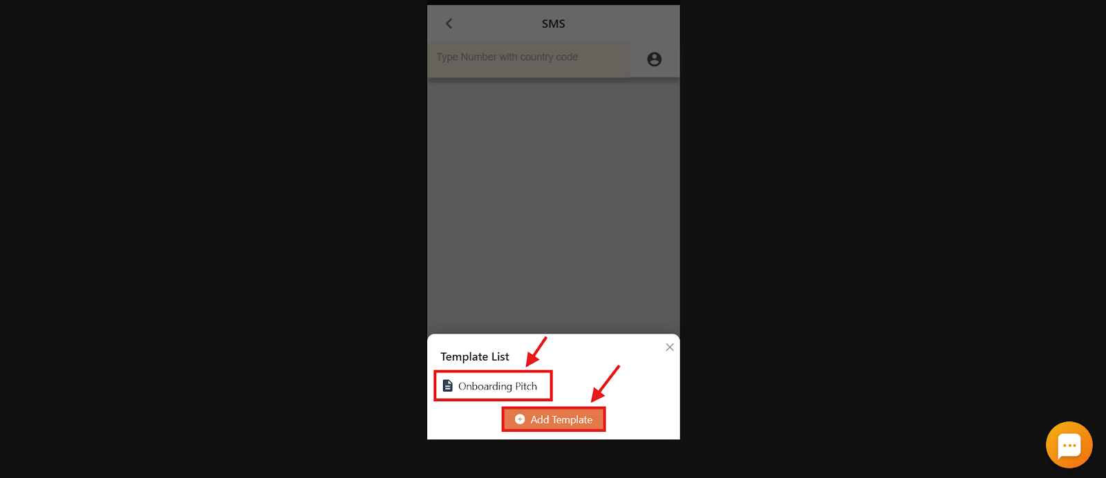 CallHippo SMS Template List popup with an existing template and the Add Template button highlighted