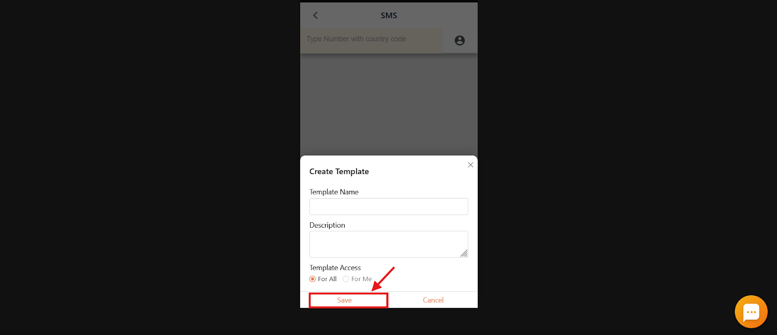 CallHippo Create Template form with template name, description, access options and Save button