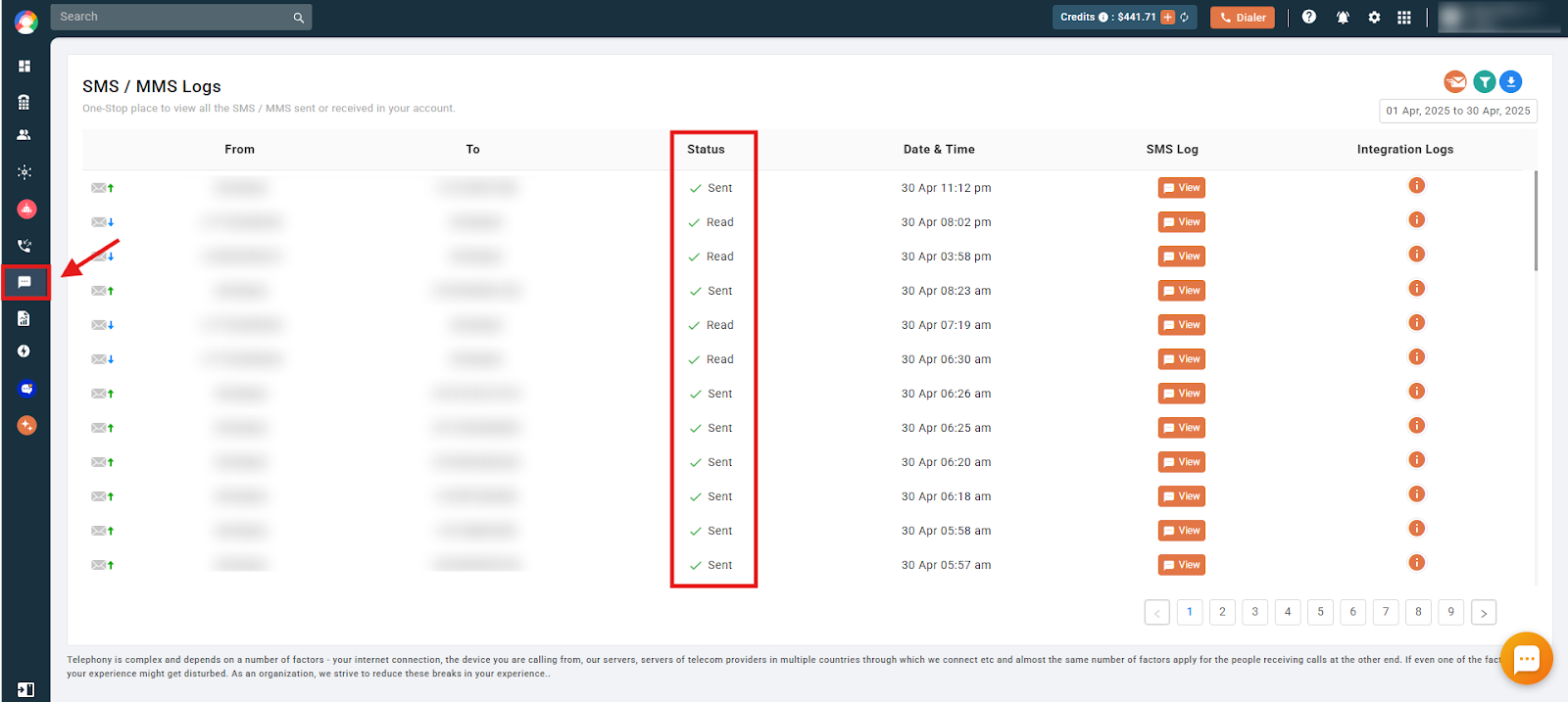 CallHippo SMS/MMS Logs dashboard with the Status column highlighted showing sent and read messages