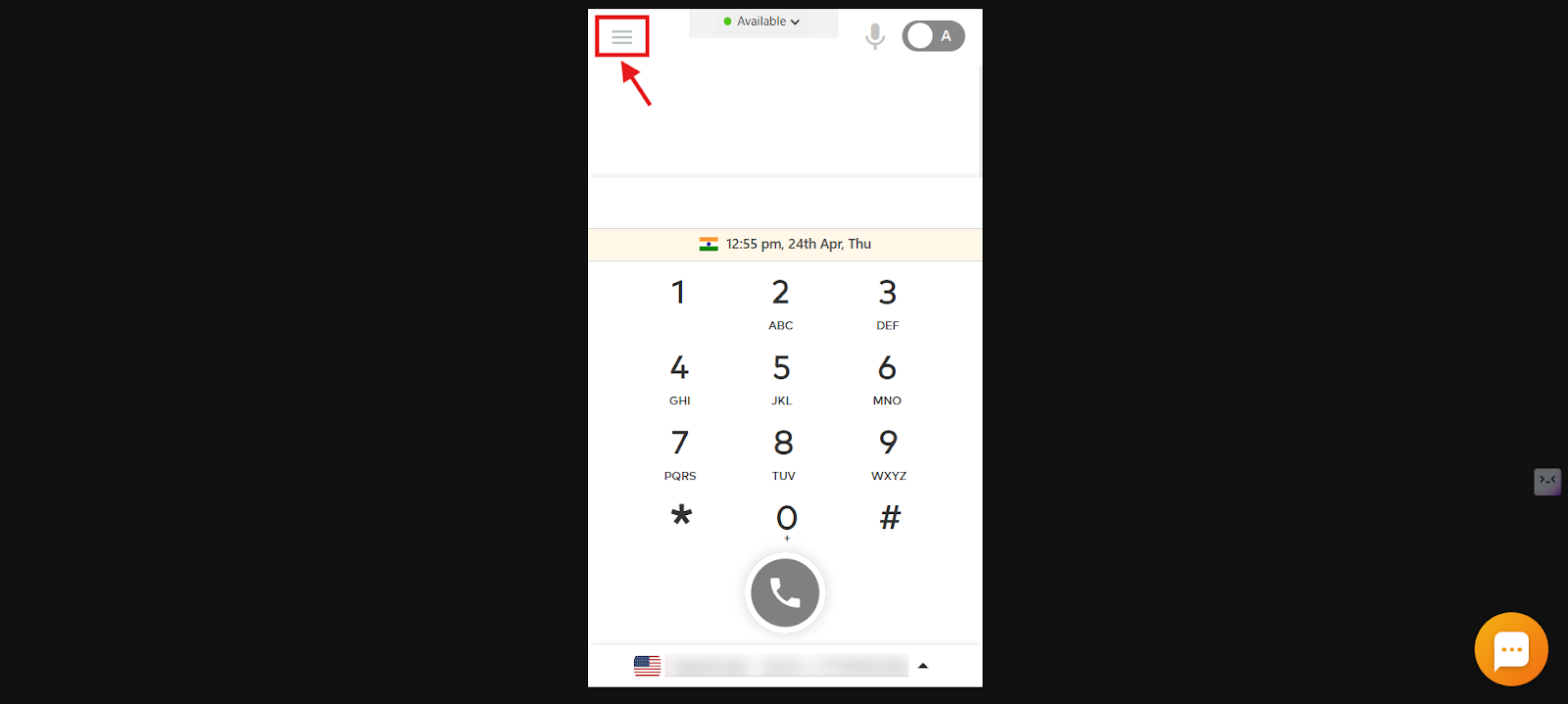 CallHippo dialer with the main menu icon highlighted in the top left corner