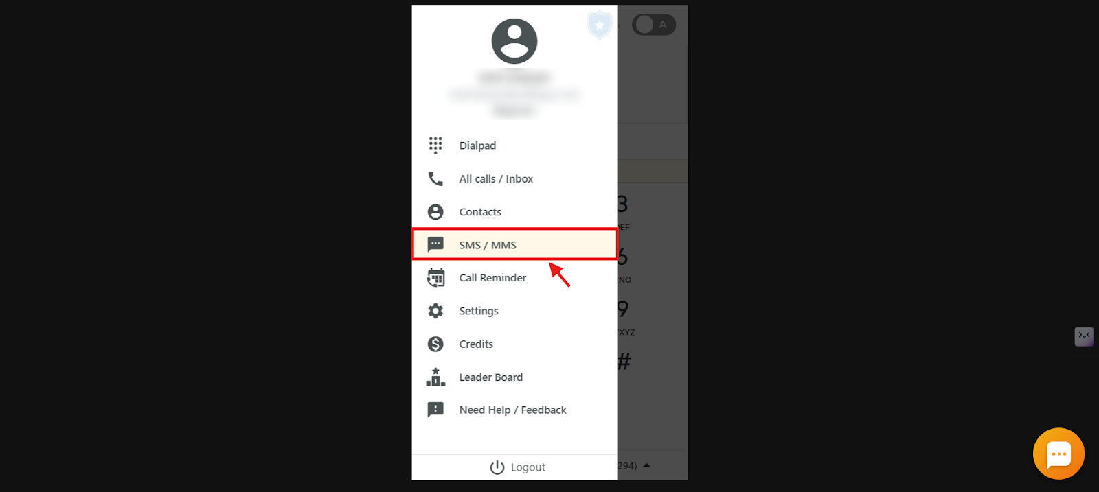 CallHippo dialer menu with the SMS / MMS option highlighted