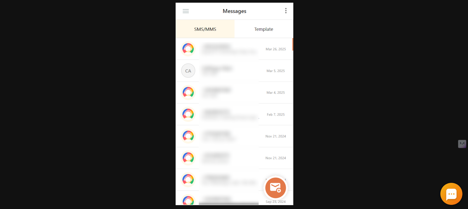 CallHippo dialer Messages screen showing the list of SMS and MMS conversations