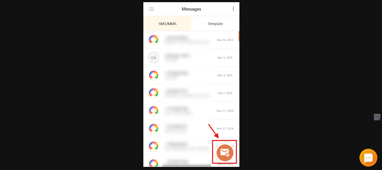 CallHippo dialer Messages screen with the new SMS compose icon highlighted