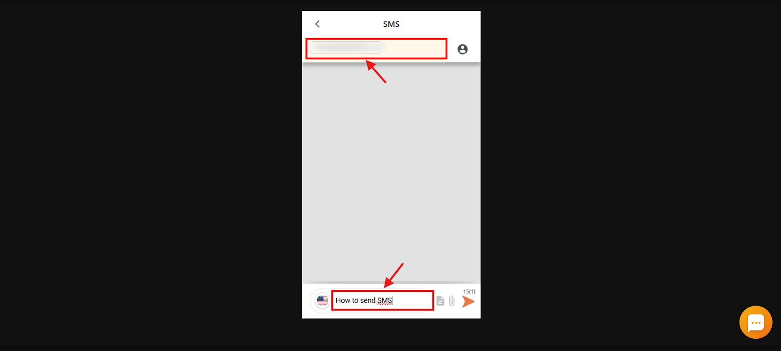 CallHippo SMS compose screen with the recipient number field and message field highlighted