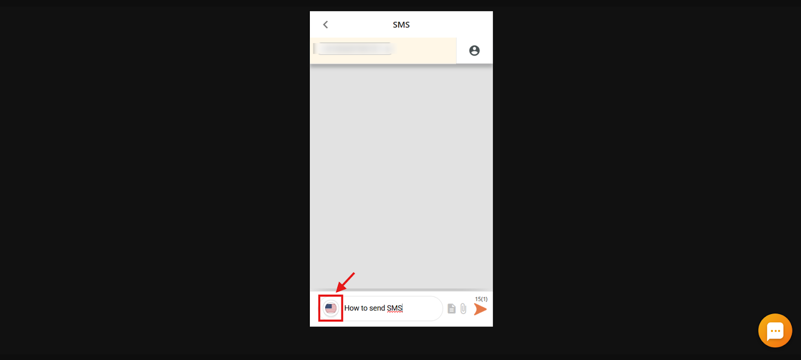 CallHippo SMS compose screen with the sender number flag selector highlighted