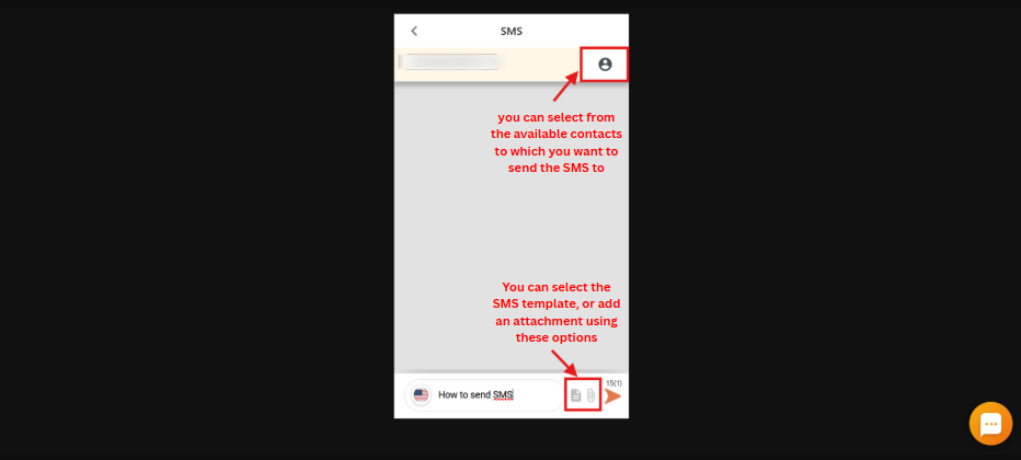 CallHippo SMS compose screen showing the contact picker, template and attachment options