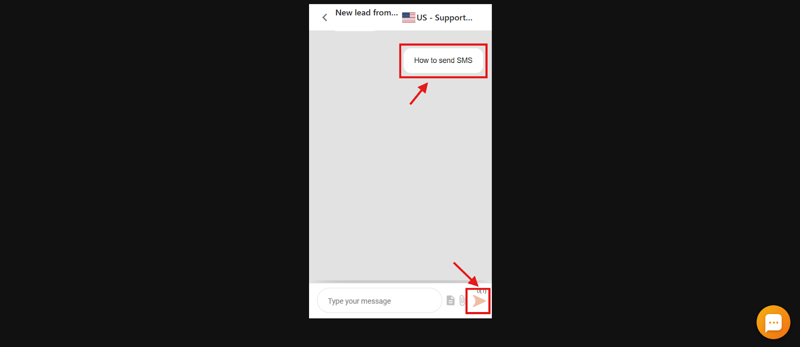 CallHippo SMS screen showing a sent message bubble and the send button highlighted
