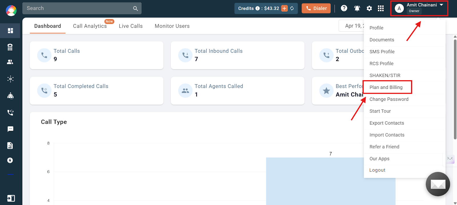 CallHippo profile dropdown with Plan and Billing option highlighted