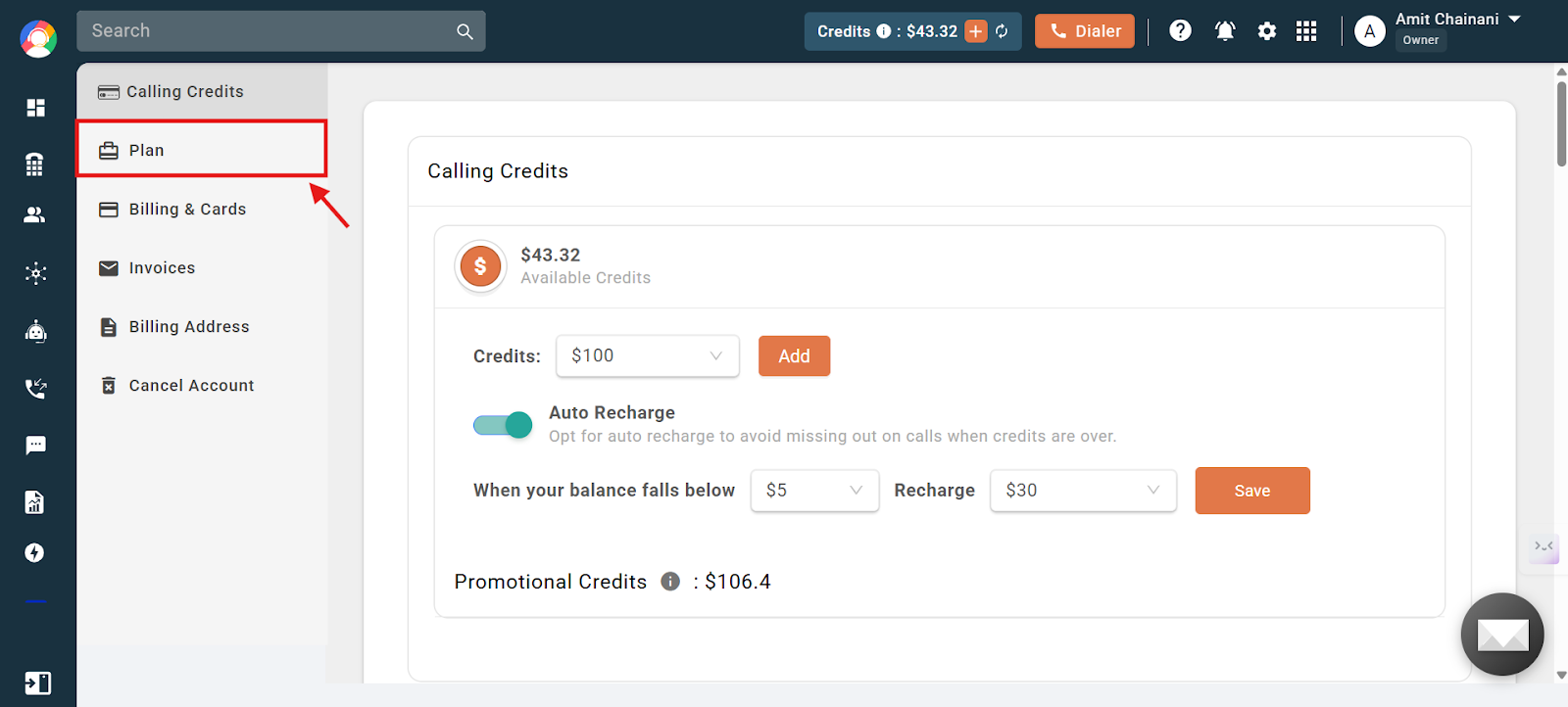 Plan and Billing screen with the Plan tab highlighted in the left sidebar