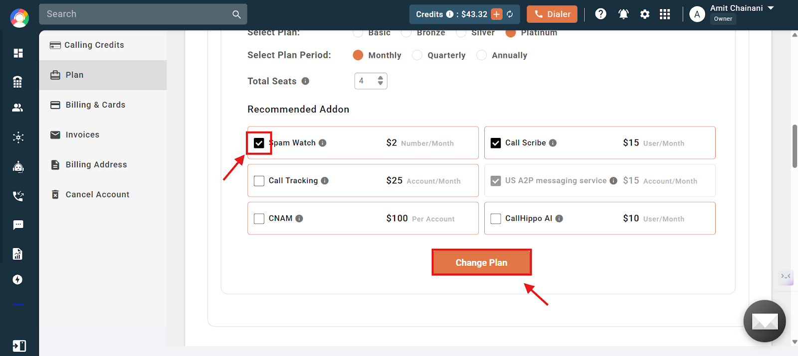 Recommended Addon section with the Spam Watch checkbox selected and the Change Plan button active