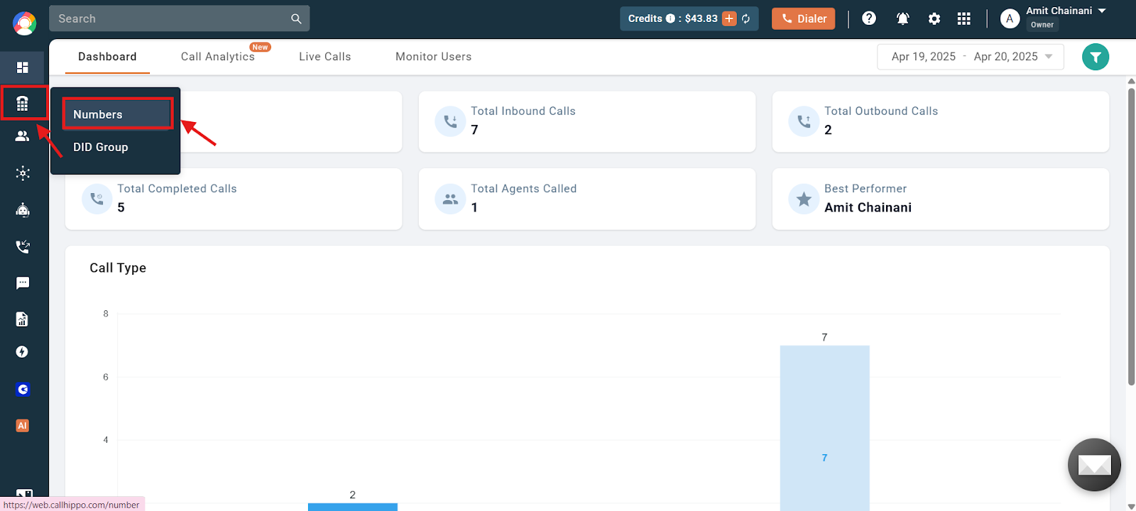 CallHippo dashboard with the Numbers and DID menu open and Numbers highlighted