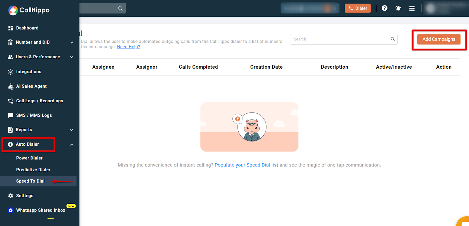 CallHippo Auto Dialer Speed To Dial page with the Add Campaigns button highlighted