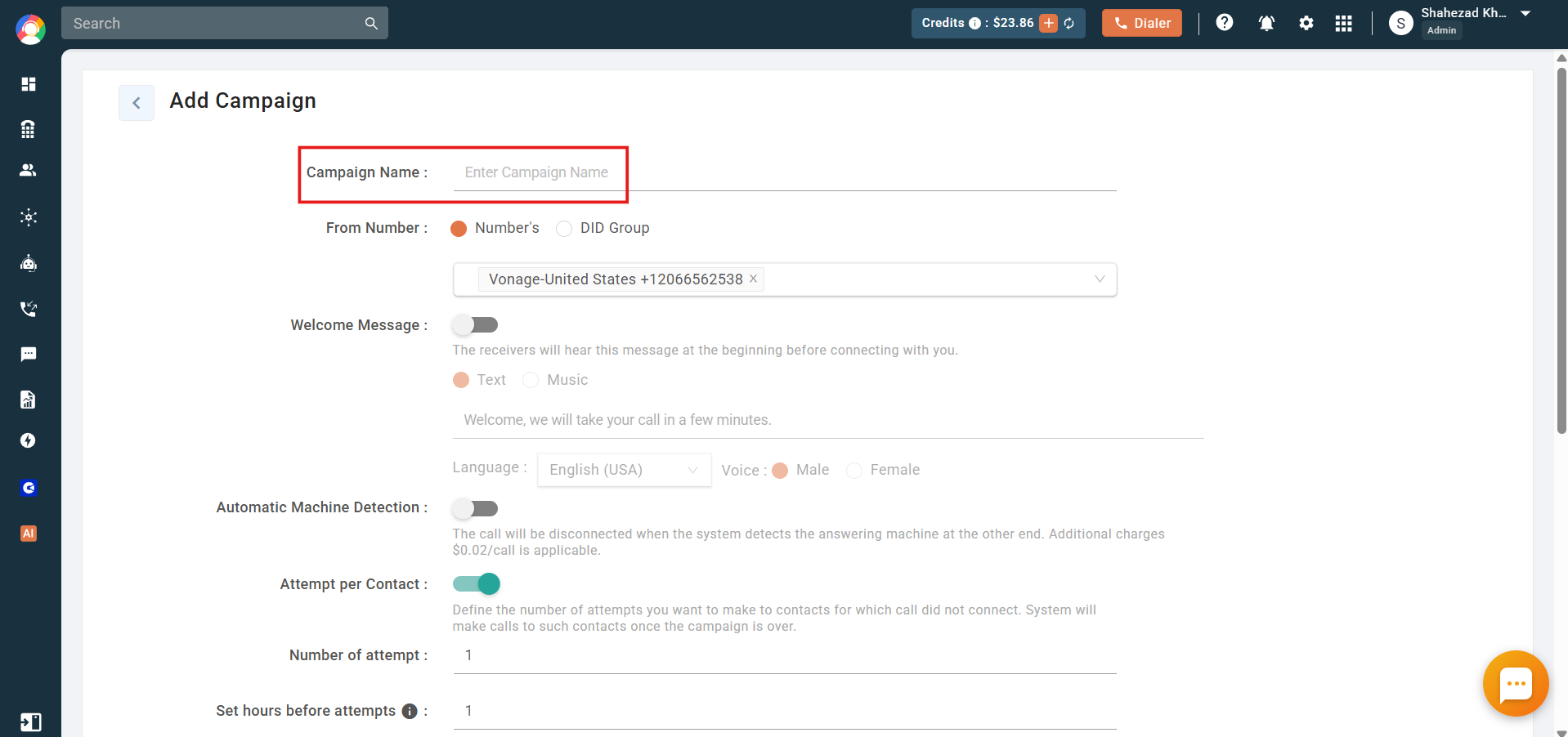 Speed to Dial Add Campaign form with the Campaign Name field highlighted