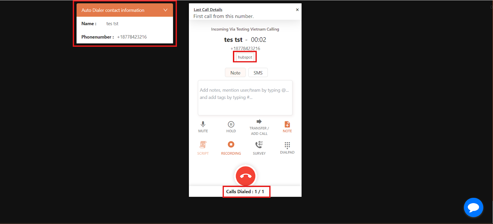Agent dialer showing an incoming Speed to Dial call with contact information and calls dialed count