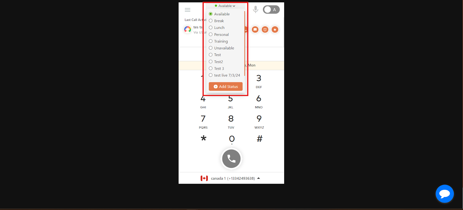 Dialer availability status menu with options like Available, Break, and Lunch
