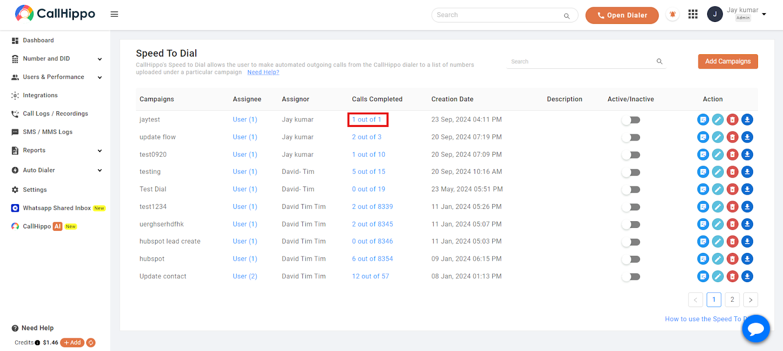 Speed To Dial campaign list with the Calls Completed count highlighted for a campaign