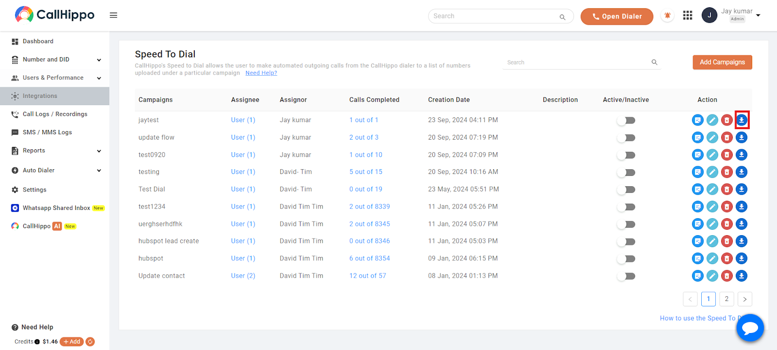 Speed To Dial campaign list with the download report action icon highlighted