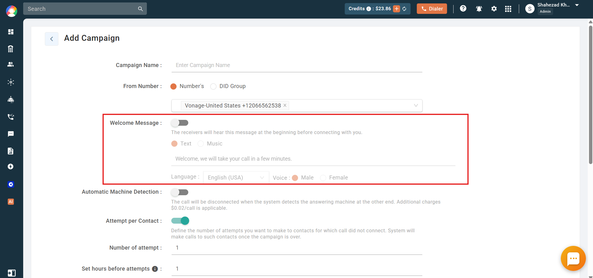 Welcome Message setting with text, language, and voice options highlighted