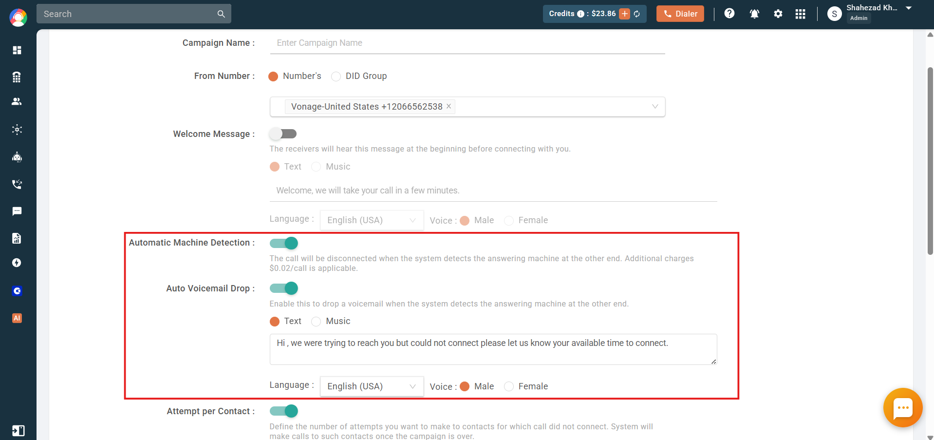 Automatic Machine Detection and Auto Voicemail Drop toggles enabled with a pre-recorded voicemail message