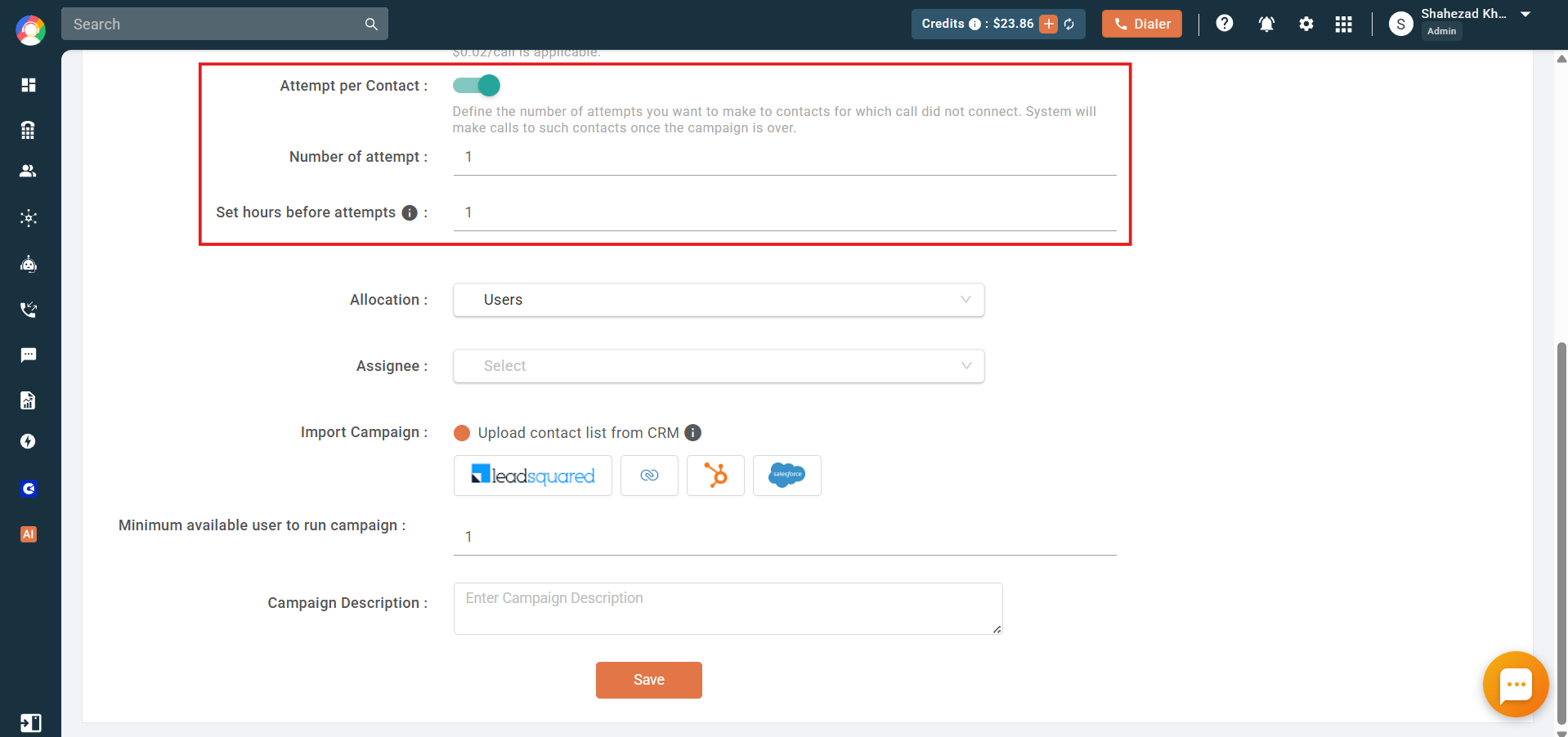 Attempt per Contact setting with number of attempts and hours before attempts fields