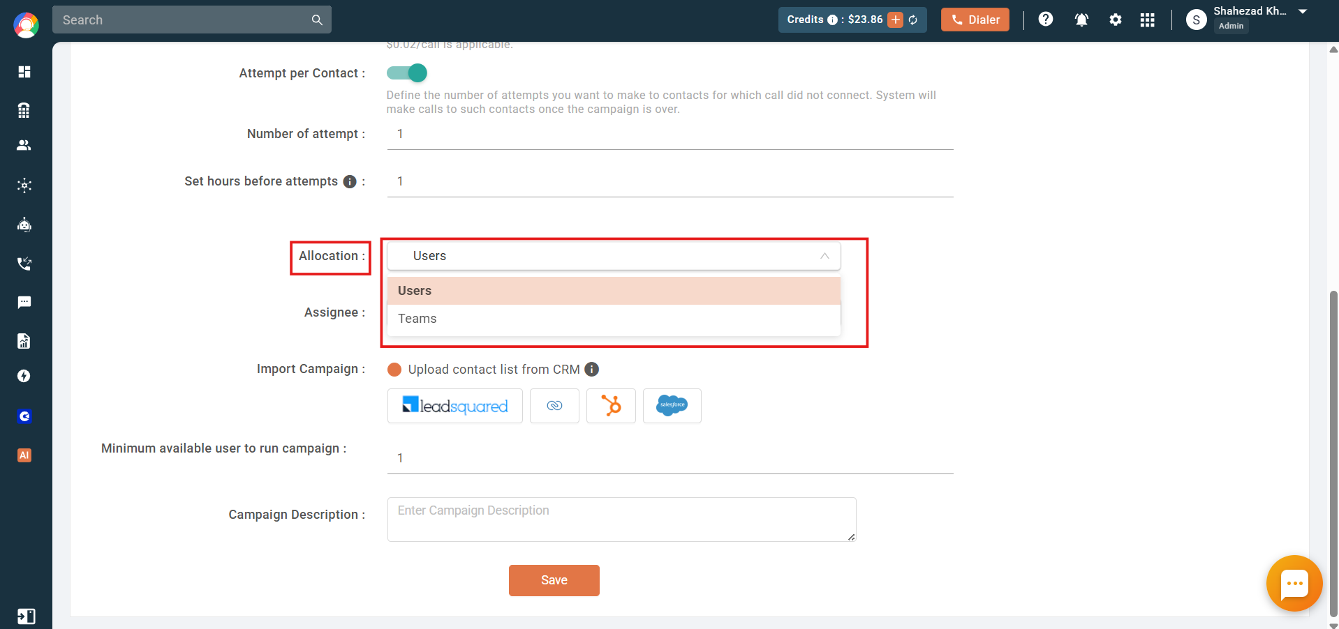 Allocation dropdown open with Users and Teams options