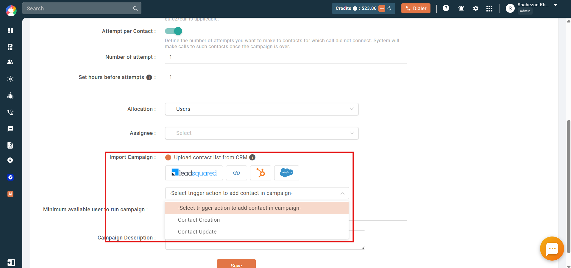 Import Campaign section with CRM options and a trigger dropdown showing Contact Creation and Contact Update