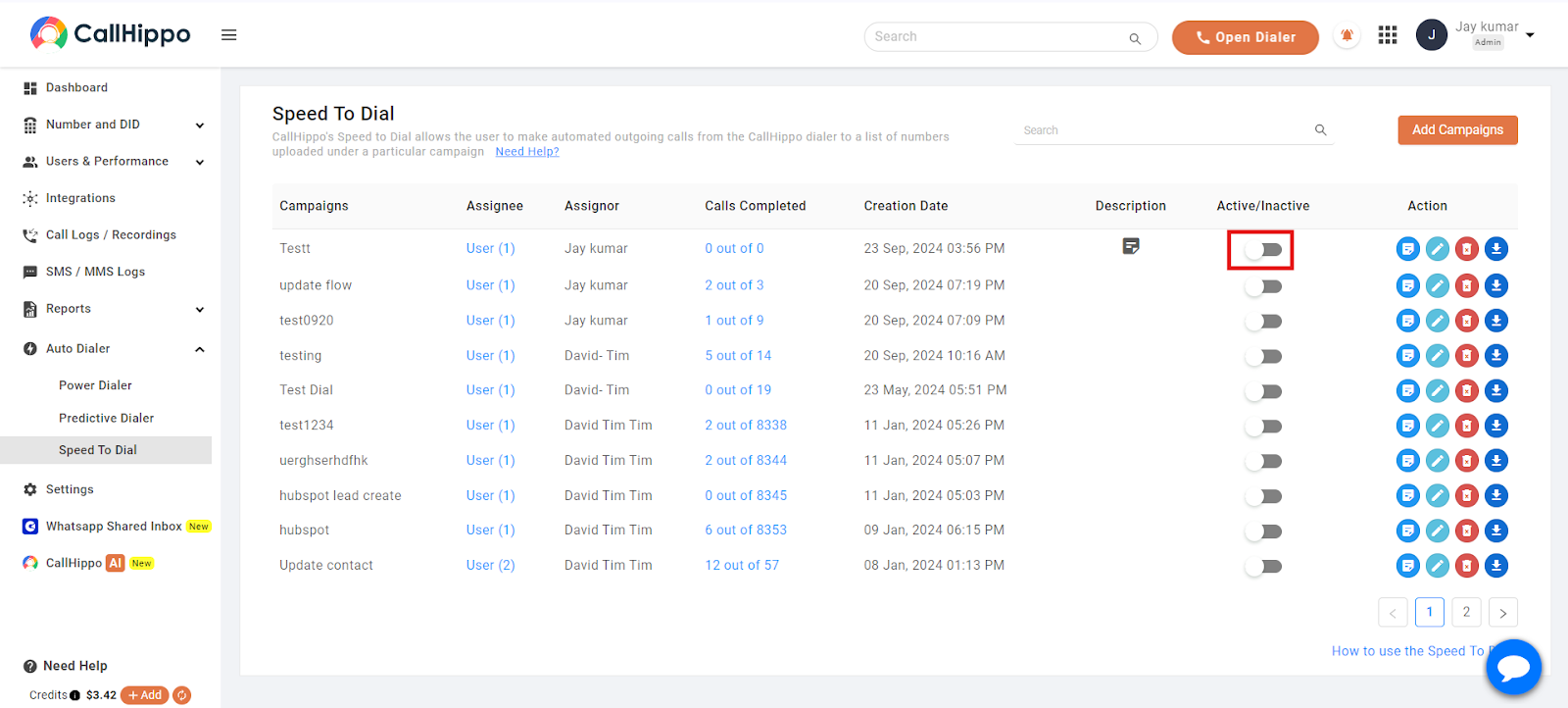Speed To Dial campaign list with the Active Inactive toggle highlighted